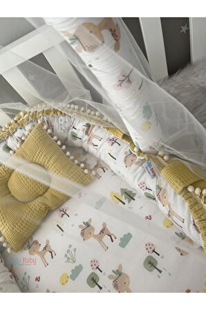 Hardal Sarı Wafle Pike Kumaş Ceylan Tasarım Ponponlu Oyuncak Aparat Ve Tül Babynest Set