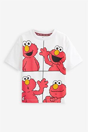 Çocuk %100 Pamuk Susam Sokağı Elmo Karakter Baskılı Beyaz T-shirt