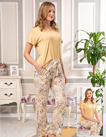 Bone Club 5850 Pudra Desenli Viskon Spor Pijama Tk