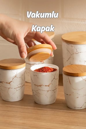 Porsima PXM2673-7/S Marble 7 Parça Bambu Vakum Kapaklı Porselen Baharat Takımı Baharatlık Seti