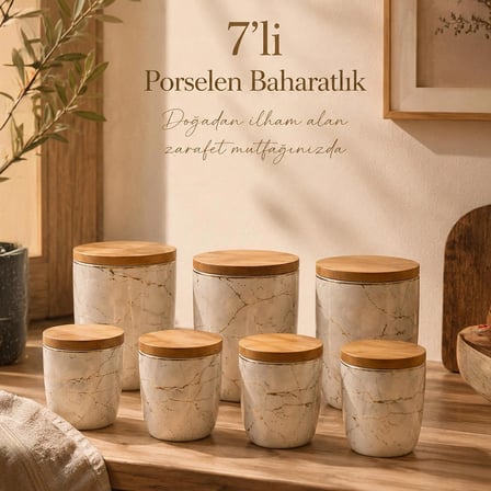 Porsima PXM2673-7/S Marble 7 Parça Bambu Vakum Kapaklı Porselen Baharat Takımı Baharatlık Seti