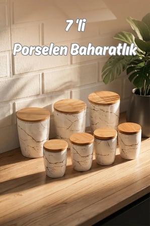 Porsima PXM2673-7/S Marble 7 Parça Bambu Vakum Kapaklı Porselen Baharat Takımı Baharatlık Seti