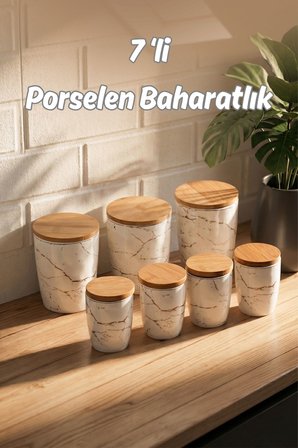 Porsima PXM2673-7/S Marble 7 Parça Bambu Vakum Kapaklı Porselen Baharat Takımı Baharatlık Seti