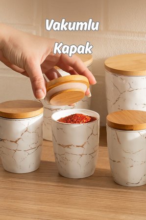 Porsima PXM2673-7/S Marble 7 Parça Bambu Vakum Kapaklı Porselen Baharat Takımı Baharatlık Seti