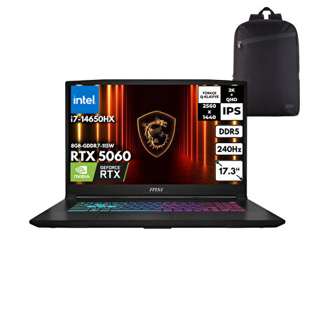 MSI KATANA 17 HX i7-14650HX 40-GBDDR5 4 TBSSD RTX5060 (8GB-GDDR7-115W) 17.3" 2K QHD 240Hz IPS Windows 11 Home + HMF Sırt Çantası B14WFK-257XTRHMF45