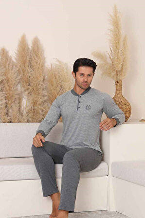 Erkek 3 Düğmeli Çizgi Desenli %100 Pamuk Uzun Manşetli Kol Cepli Pijama Takımı 