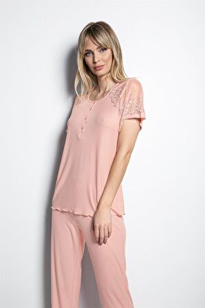Monamise Kadın  Önü Düğmeli Brode Dantelli Pijama Takımı 19168