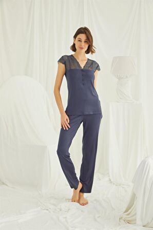 Monamise Kadın Yakası Kolu ve Omzu Dantelli Önü Düğmeli Pijama Takımı 18231