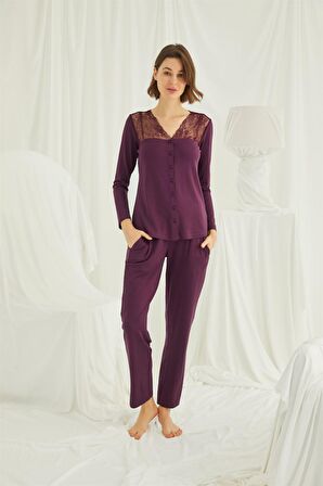 Monamise Kadın Yakası Omzu ve Paçası Dantelli Önü Boydan Düğmeli Pijama Takımı 19230