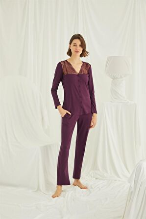 Monamise Kadın Yakası Omzu ve Paçası Dantelli Önü Boydan Düğmeli Pijama Takımı 19230