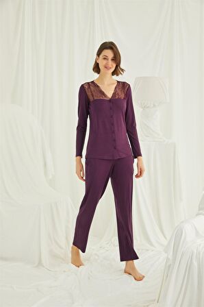 Monamise Kadın Yakası Omzu ve Paçası Dantelli Önü Boydan Düğmeli Pijama Takımı 19230