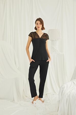 Monamise Kadın Yakası ve Omzu Dantelli Önü Düğmeli Pijama Takımı 18422