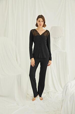 Monamise Kadın Yakası ve Omzu Dantelli Önü Düğmeli Pijama Takımı 18426