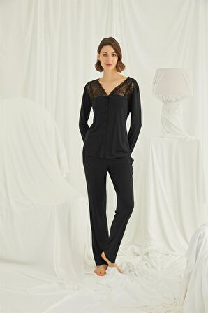 Monamise Kadın Yakası ve Omzu Dantelli Önü Düğmeli Pijama Takımı 18426