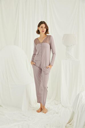Monamise Kadın Yakası Kolu ve Omzu Dantelli Önü Boydan Düğmeli Pijama Takımı 18434