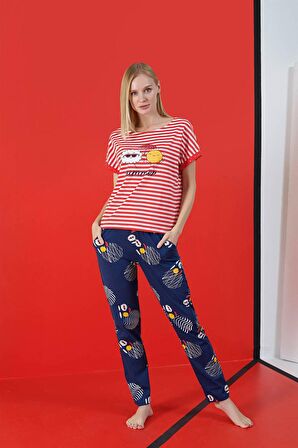 Monamise Kadın Çizgi Desenli Güneş ve Bulut Baskılı "Summer" Pijama Takımı 21067