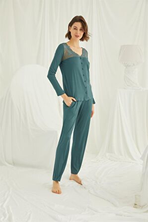 Monamise Kadın Yakası ve Omzu Dantelli Önü Boydan Düğmeli Pijama Takımı 19307