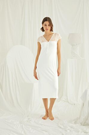 Monamise Kadın Kolu Omzu ve Yakası Dantelli Önü Düğmeli Gecelik 18455