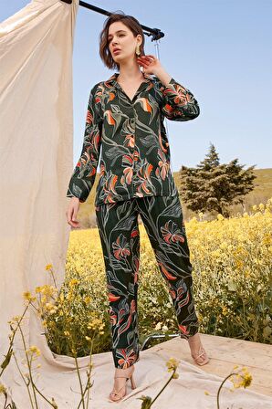 Monamise Kadın Yaprak Desenli Gömlek Yakalı Önü Boydan Düğmeli Pijama Takımı 21138