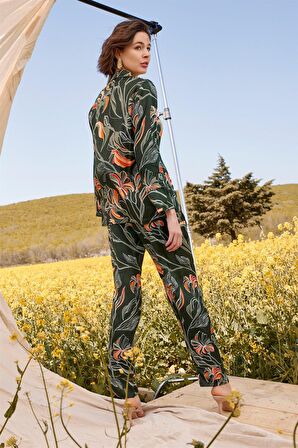 Monamise Kadın Yaprak Desenli Gömlek Yakalı Önü Boydan Düğmeli Pijama Takımı 21138