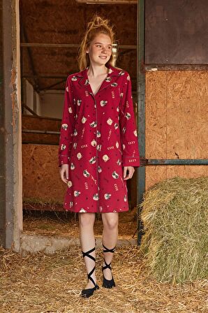 Monamise Kadın Gömlek Yakalı Hayvan Ve Yazı Desenli Önü Boydan Düğmeli "So Cute Smile Cool" Gecelik 21165