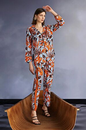 Monamise Kadın Yaprak Desenli Gömlek Yakalı Önü Boydan Düğmeli Pijama Takımı