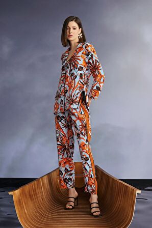 Monamise Kadın Yaprak Desenli Gömlek Yakalı Önü Boydan Düğmeli Pijama Takımı