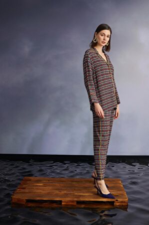 Monamise Kadın Etnik Desenli Gömlek Yakalı Önü Boydan Düğmeli Pijama Takımı