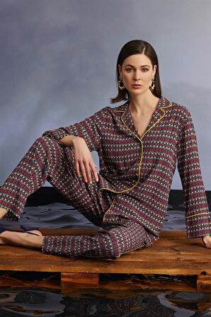 Monamise Kadın Etnik Desenli Gömlek Yakalı Önü Boydan Düğmeli Pijama Takımı