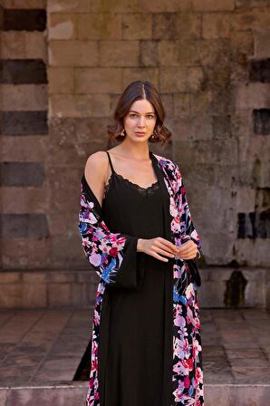 Monamise Kadın Çiçek Desenli Dantelli ve Dekolteli Sabahlık Takımı 23028 