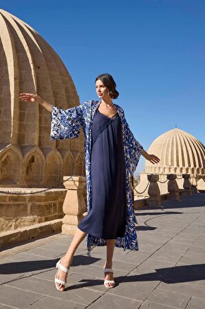 Monamise Kadın Dantelli Dekolteli Yaprak Desenli Kimono Takımı 23038 