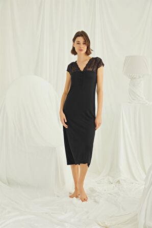 Monamise Kadın Kolu Omzu ve Yakası Dantelli Önü Düğmeli Gecelik