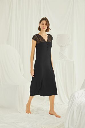 Monamise Kadın Kolu Omzu ve Yakası Dantelli Önü Düğmeli Gecelik