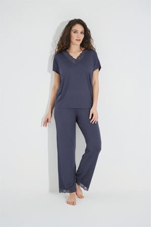 Kısa Kollu V Yakalı Dantelli Pijama Takımı 18484