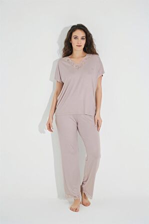 Kısa Kollu V Yakalı Dantelli Pijama Takımı 18486