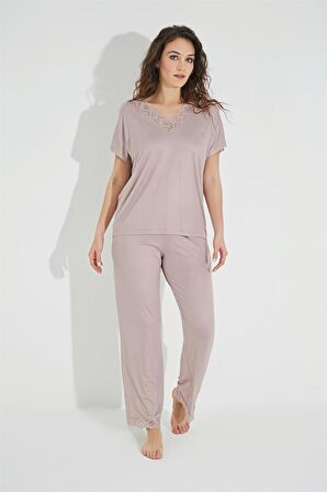 Kısa Kollu V Yakalı Dantelli Pijama Takımı 18486