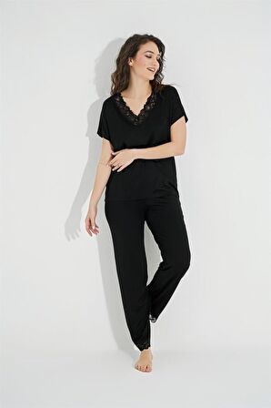 Kısa Kollu V Yakalı Dantelli Pijama Takımı 18494