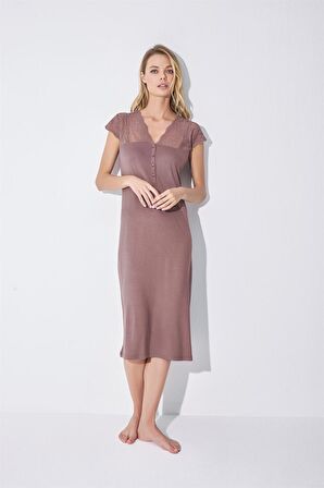 Monamise Kadın Yakası Kolu ve Omzu Brode Dantelli Önü Düğmeli Gecelik 18511 