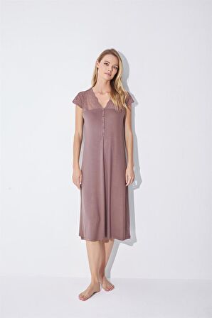 Monamise Kadın Yakası Kolu ve Omzu Brode Dantelli Önü Düğmeli Gecelik 18511 