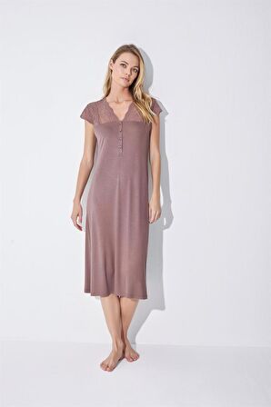 Monamise Kadın Yakası Kolu ve Omzu Brode Dantelli Önü Düğmeli Gecelik 18511 