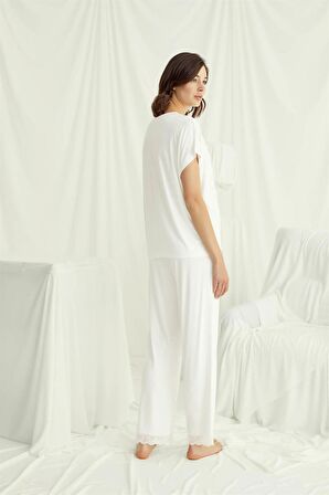 Monamise Kadın Kısa Kollu V Yakalı Dantelli Pijama Takımı 18513 