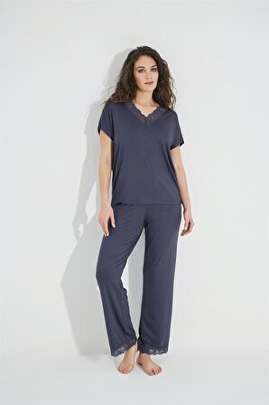 Kısa Kollu V Yakalı Dantelli Pijama Takımı 18484