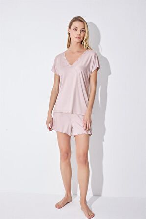 Monamise Kadın Kısa Kollu Dantelli V Yaka Şort Takımı 18514 