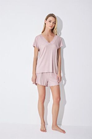 Monamise Kadın Kısa Kollu Dantelli V Yaka Şort Takımı 18514 