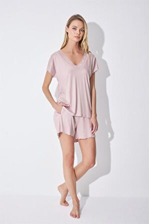 Monamise Kadın Kısa Kollu Dantelli V Yaka Şort Takımı 18514 