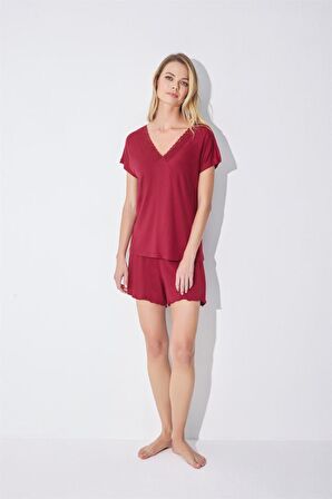 Monamise Kadın Kısa Kollu Dantelli V Yaka Şort Takımı 18516 