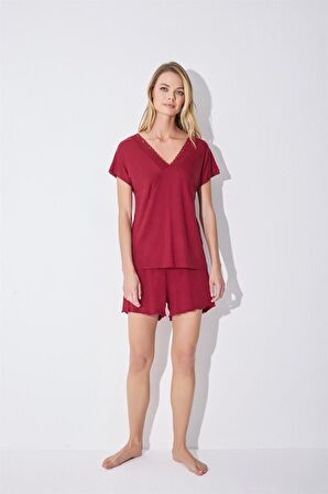Monamise Kadın Kısa Kollu Dantelli V Yaka Şort Takımı 18516 