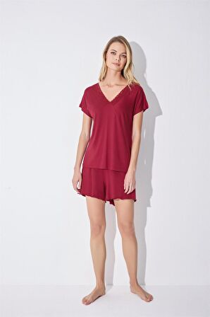 Monamise Kadın Kısa Kollu Dantelli V Yaka Şort Takımı 18516 