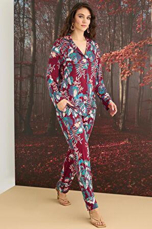 Monamise Kadın Çiçek ve Yaprak Desenli Önü Düğmeli Pijama Takımı 23144 
