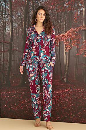 Monamise Kadın Çiçek ve Yaprak Desenli Önü Düğmeli Pijama Takımı 23144 
